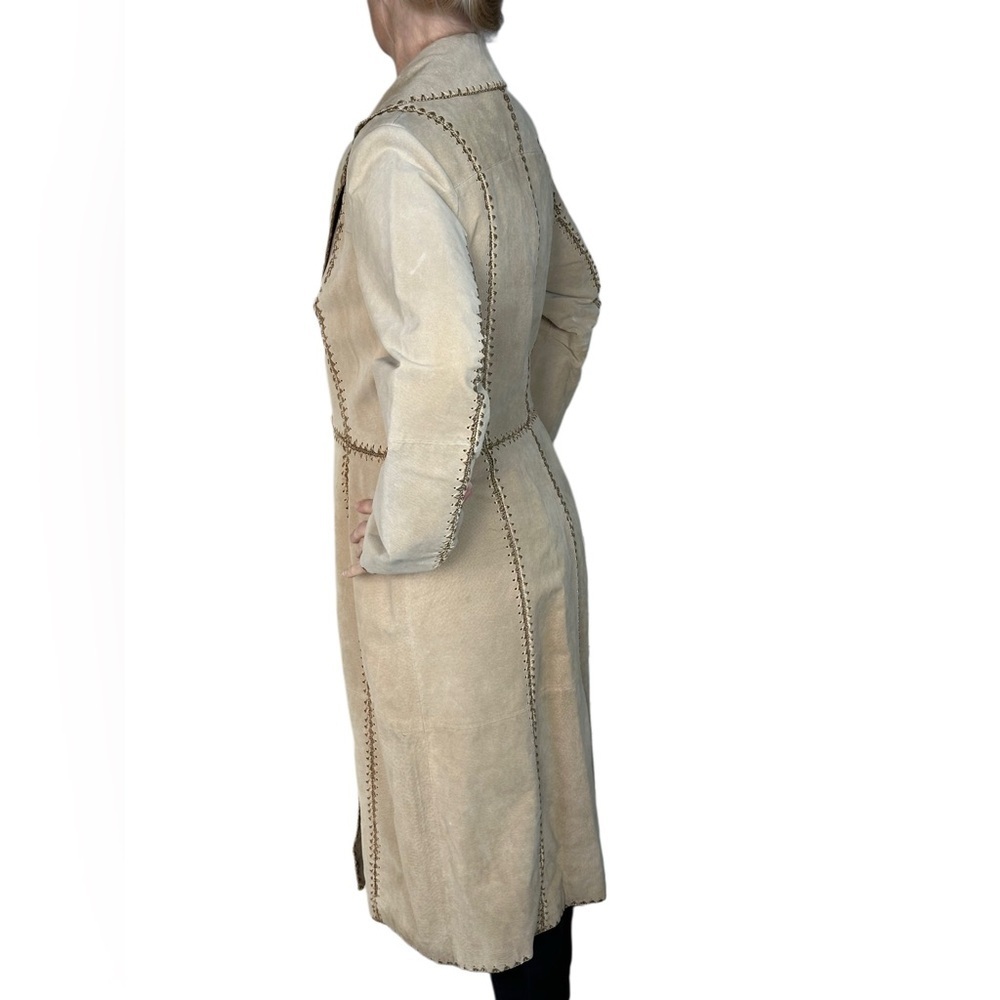 60’s SUEDE PATCHWORK Stylish Beige Women's Trench Coat like new beautiful Size L - Picture 5 of 13